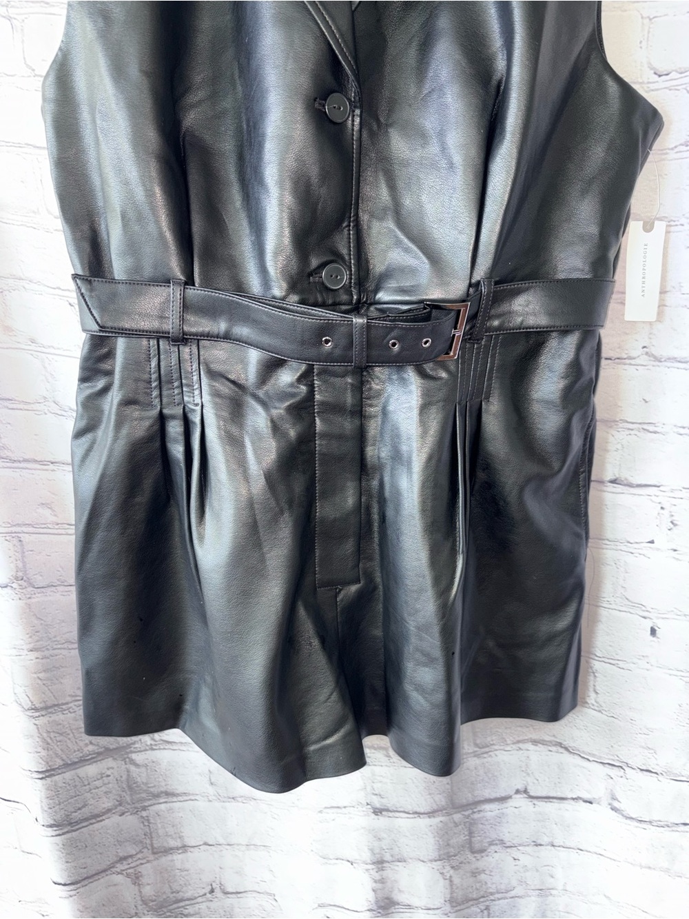 Anthropologie Black Faux Leather Blazer Romper Sleeveless Belt Pockets NWT $178 - Picture 4 of 16
